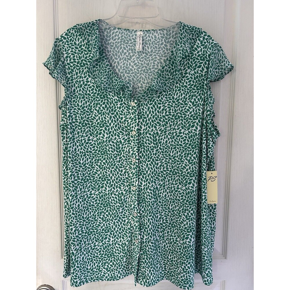 Per Seption Woman 2X Blouse Green White Ruffle Sleeveless V-Neck Geometric NEW